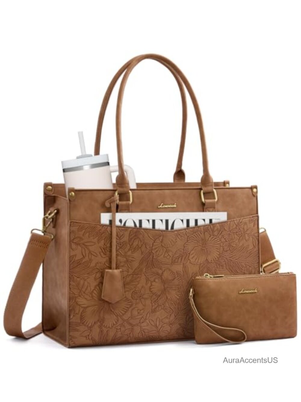 Faux Leather Laptop Tote Bag Waterproof 15.6 inch Work Travel